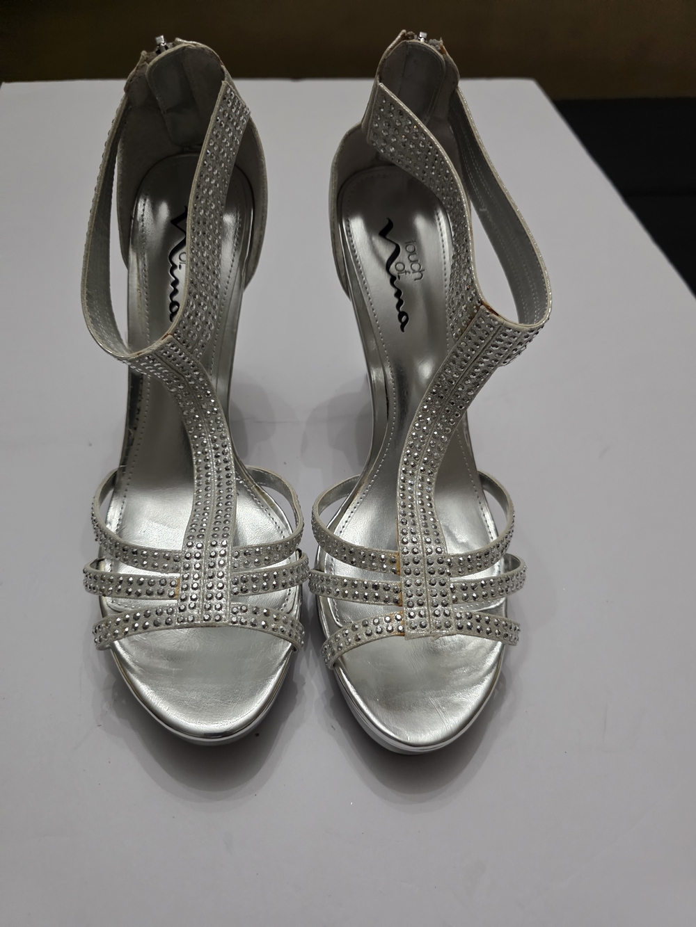 Vera Wang Silver Crystal T-Strap Evening Heels